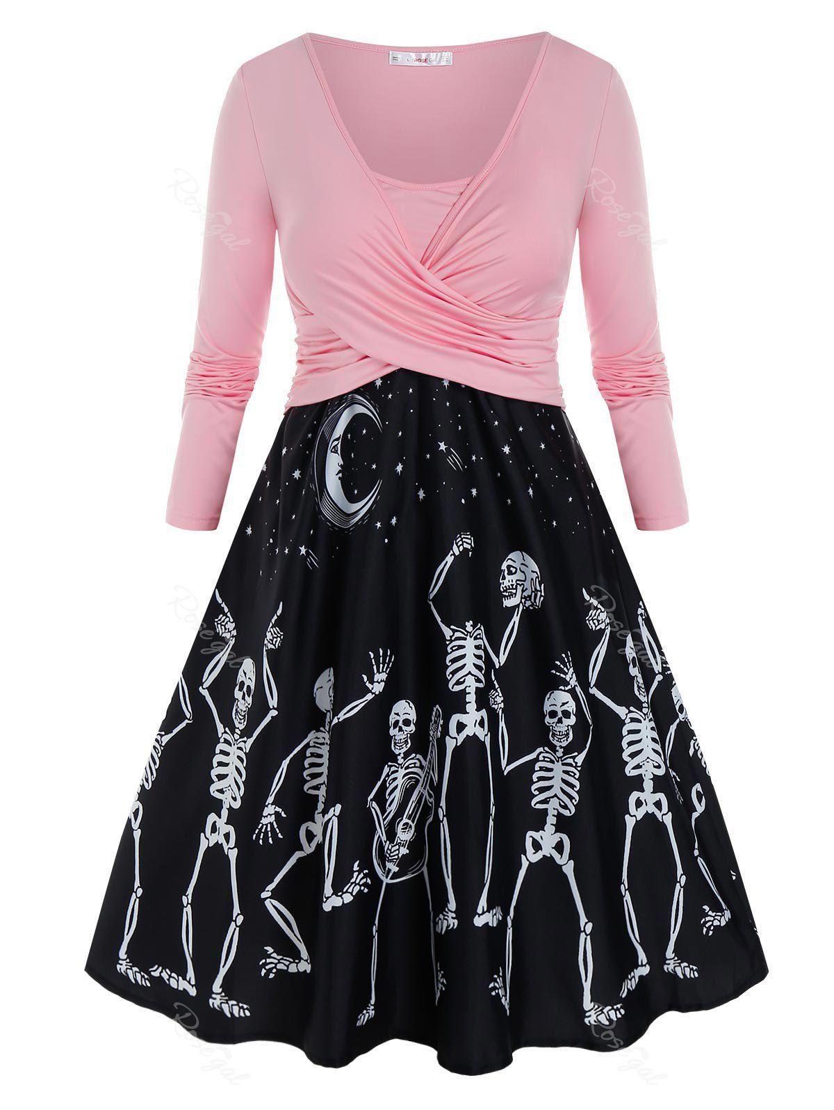 

Plus Size Skeleton Crossover Moon and Star A Line Dress, Black