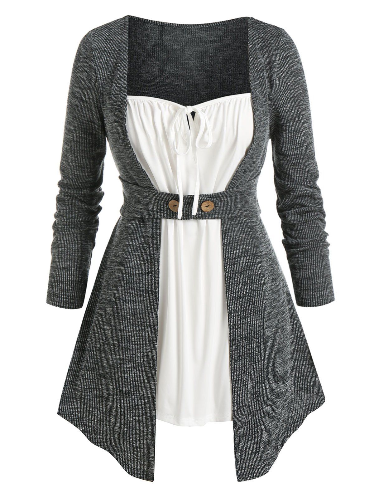

Plus Size Marled Knit Tie Curved Hem Long Sleeve Top, Dark slate grey
