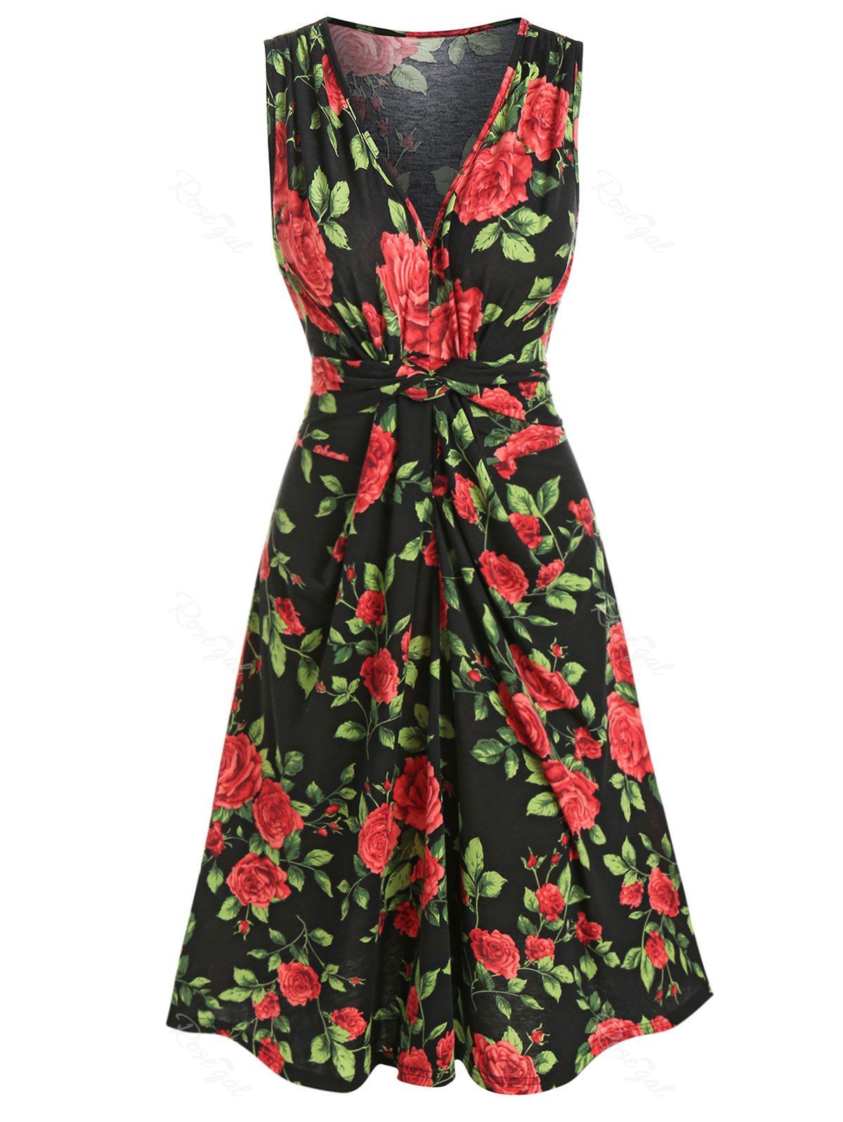 Online Sleeveless Plunge Neck Rose Flower Print Dress  
