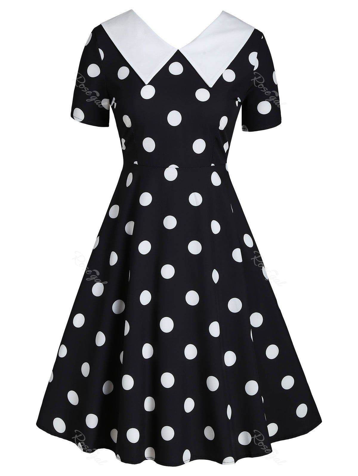 

Flat Collar Polka Dot Fit and Flare Vintage Dress, Black