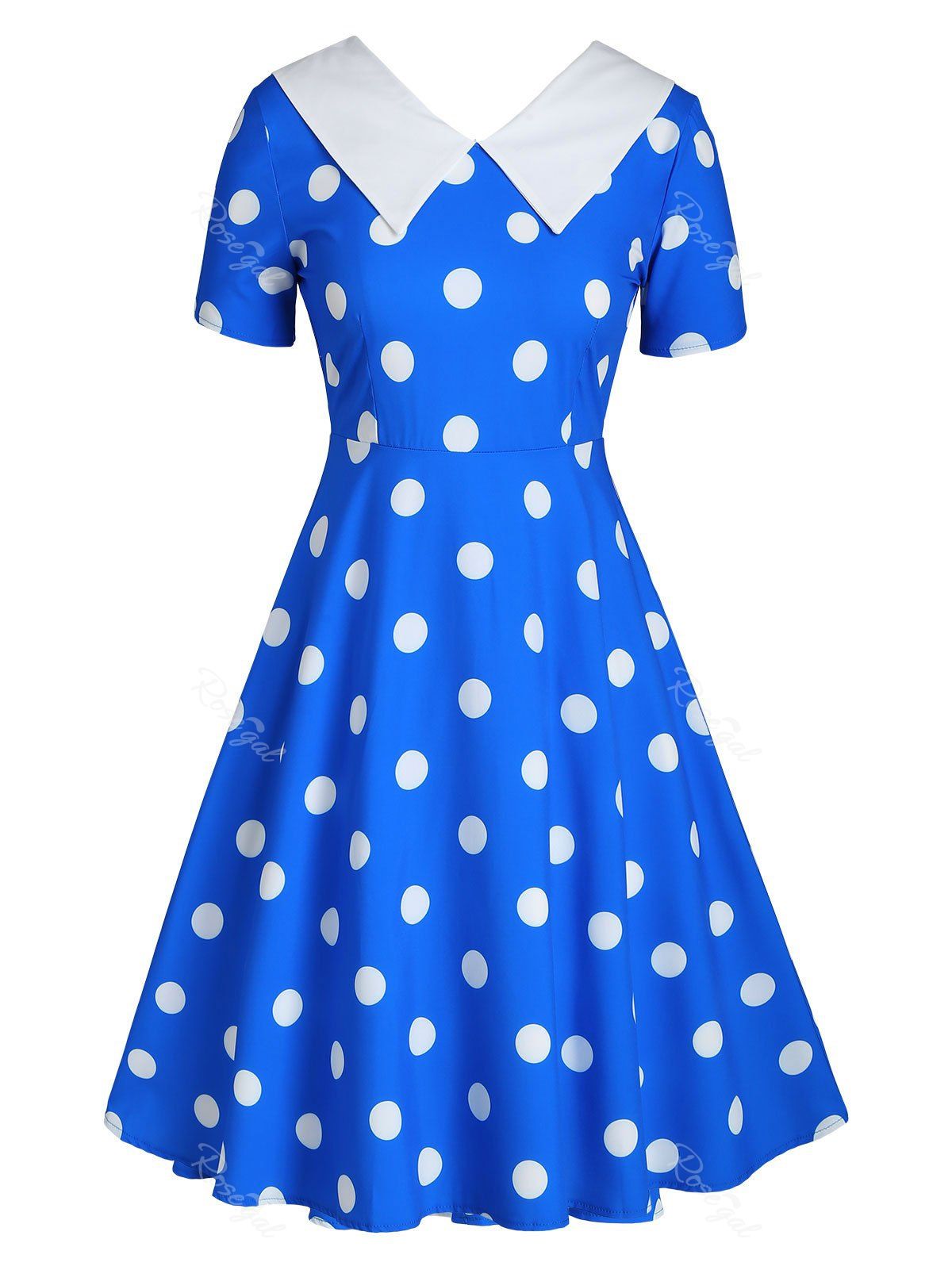 

Flat Collar Polka Dot Fit and Flare Vintage Dress, Deep blue