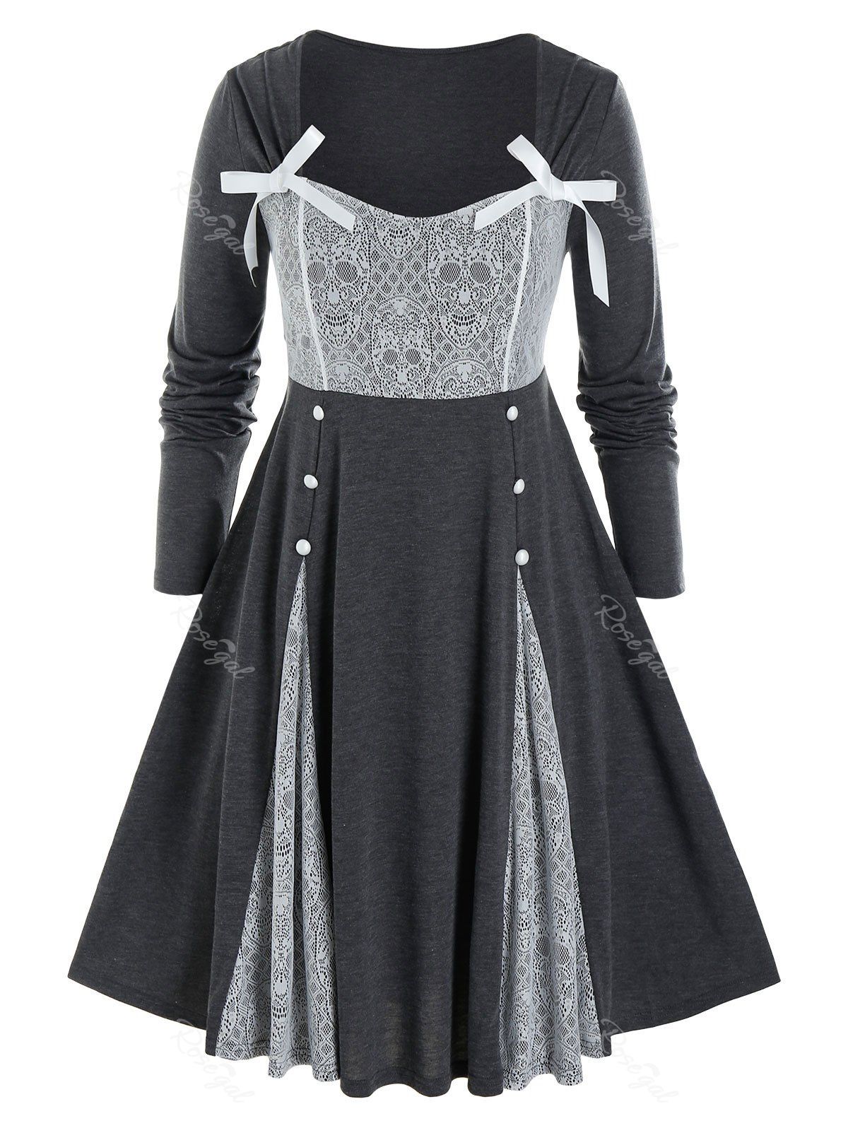 Online Plus Size Skull Lace Patchwork Button Dress  
