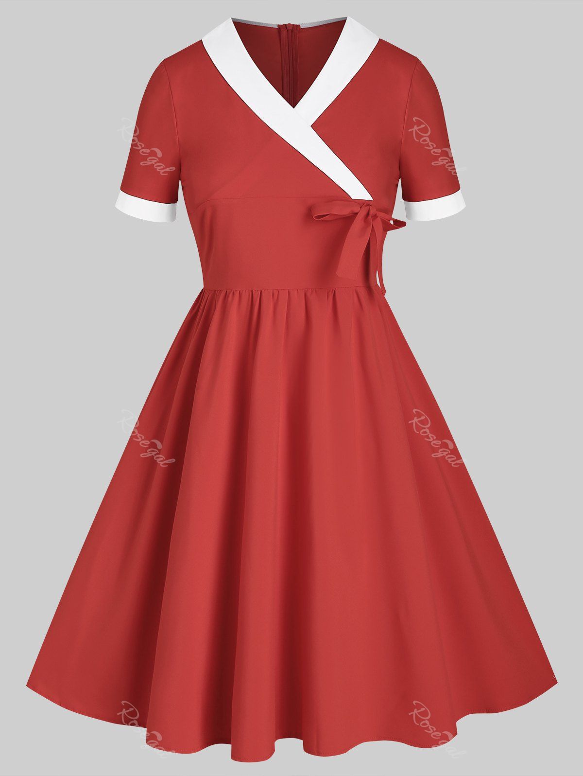 

Shawl Collar Surplice Bowknot Two Tone A Line Dress, Red