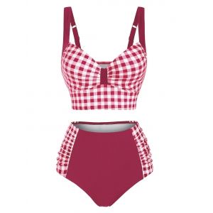 

Gingham Underwire Ruched High Rise Tankini Swimwear, Red