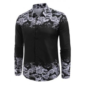 

Halloween Floral Skull Print Button Up Shirt, Black