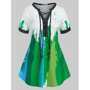 

Plus Size Grommet Lace-up Cuffed Sleeve Patterned Tunic Tee, Green