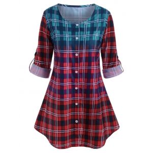 

Plus Size Plaid Roll Up Sleeve Ombre Color Blouse, Red