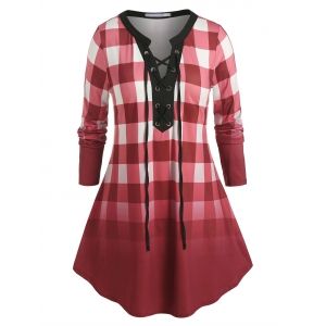 

Plus Size Plaid Grommet Lace-up Curved Hem Tunic Tee, Deep red