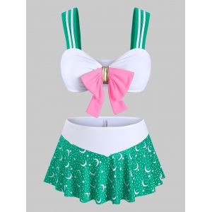 

Plus Size Moon Stars Print Bowknot Three Piece Swimwear, Green