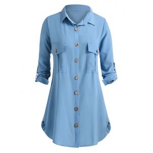 

Plus Size Pockets Roll Up Sleeve Blouse, Blue koi