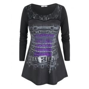 

Plus Size Buckle Chain Print Lace Panel Long Sleeve Tee, Black