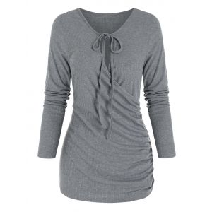 

Lace Up Keyhole Neck Ruched Wrap Top, Dark gray