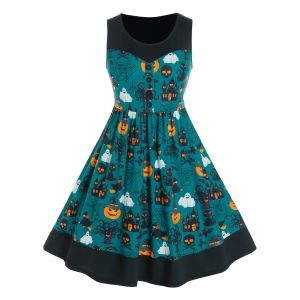 

Plus Size Halloween Ghost Print Button Dress, Deep green