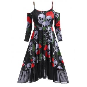 

Rose Skull Cold Shoulder High Low Halloween Plus Size Dress, Red