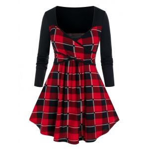 

Plus Size Plaid Cross Pleated Raglan Sleeve T-shirt, Deep red
