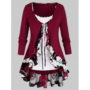 

Plus Size Flower Flounce Tunic Tie Blouse and Slim Cami Top Set, Red wine