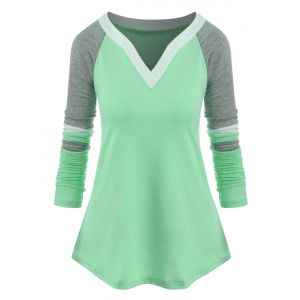 

Plus Size Raglan Sleeve Contrast Color T Shirt, Green