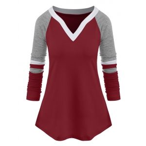 

Plus Size Raglan Sleeve Contrast Color T Shirt, Deep red
