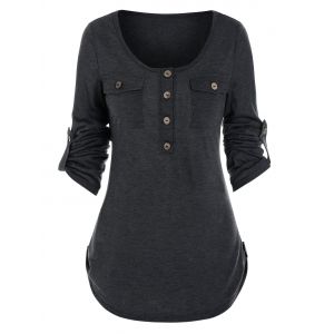 

Buttons Pockets Roll Tab Sleeve Casual T-shirt, Ash gray