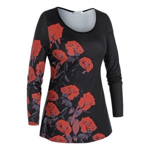 

Plus Size Side Rose Floral Pattern T-shirt, Black