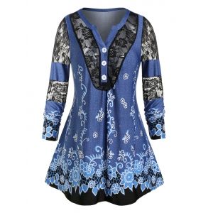 

Plus Size Flower Lace Panel Notch Collar T-shirt, Cornflower blue