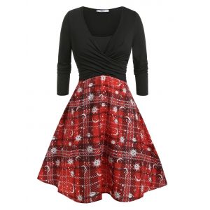 

Plus Size Front Cross Plaid Print Dress, Black