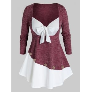 

Plus Size Bowknot 2 in 1 T Shirt, Deep red