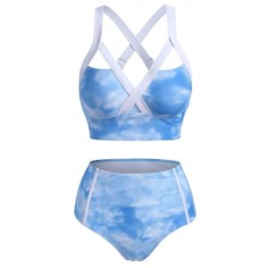 

Cloud Tie Dye Cross Back High Rise Tankini Swimwear, Light blue