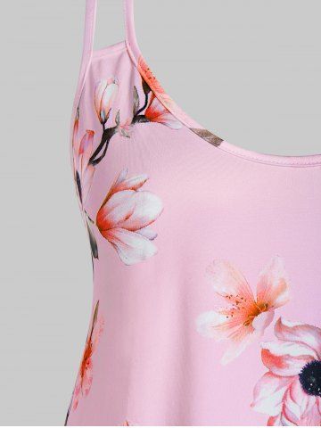 

Plus Size O Ring Floral Print Strappy Tank Top, Pink