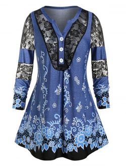 Plus Size Flower Lace Panel Notch Collar T-shirt - CORNFLOWER BLUE - L