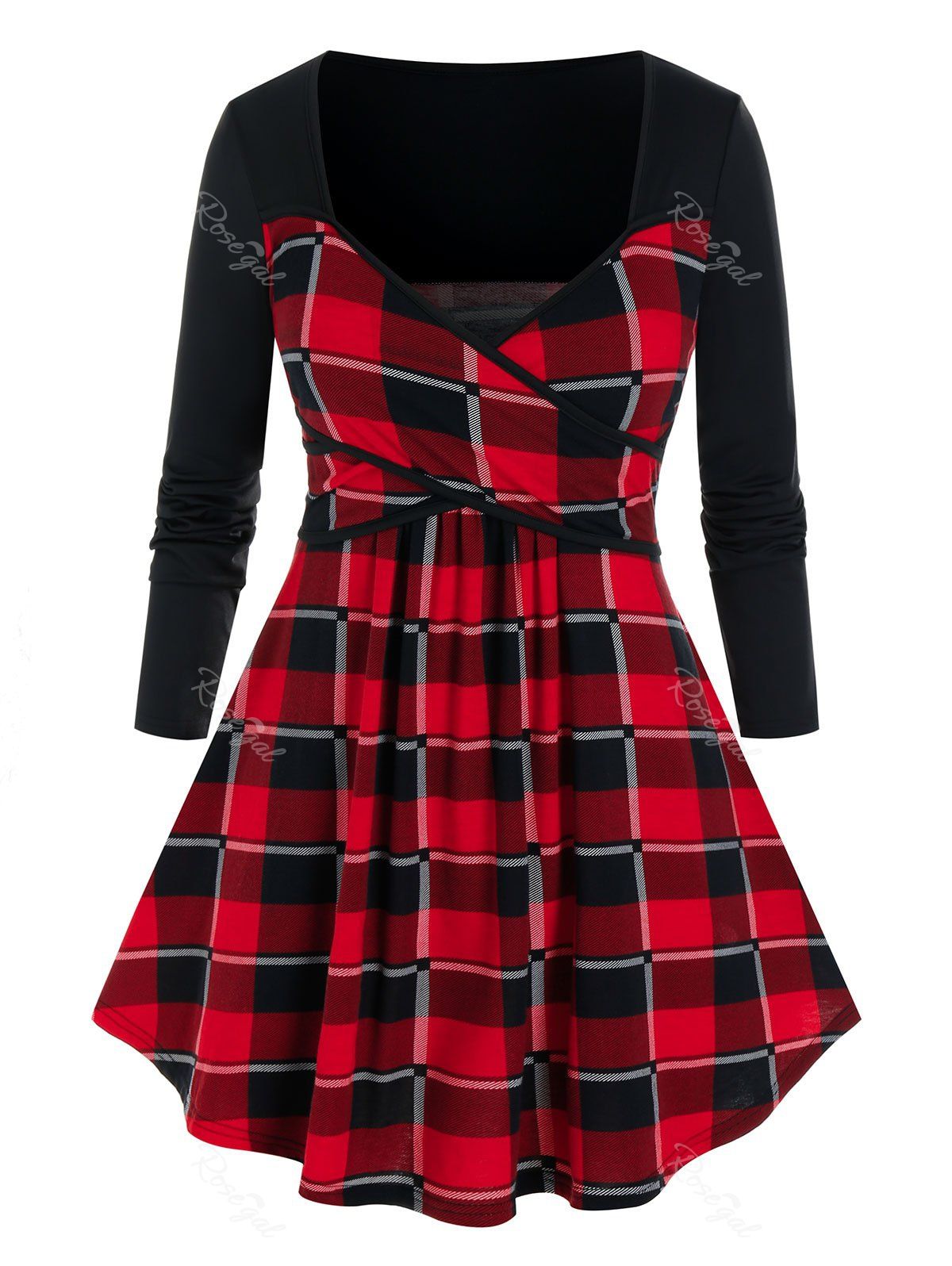 

Plus Size Plaid Cross Pleated Raglan Sleeve T-shirt, Deep red
