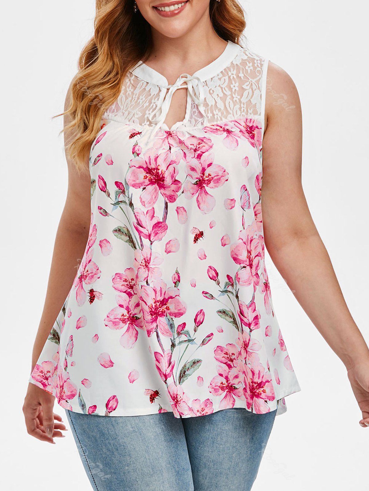 

Plus Size Lace Panel Floral Print Tank Top, White