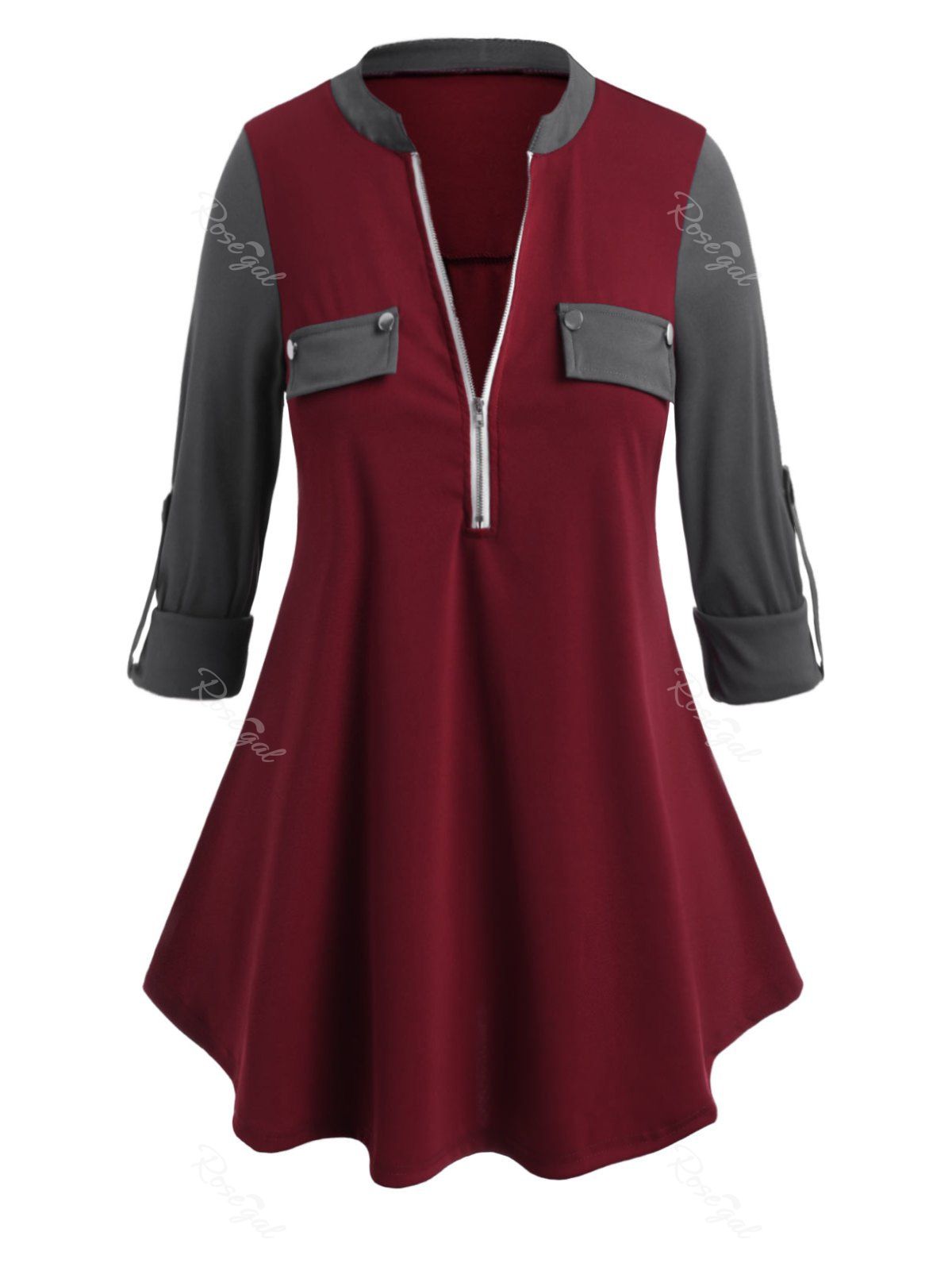 

Plus Size Flap Detail Colorblock Half Zip T Shirt, Deep red