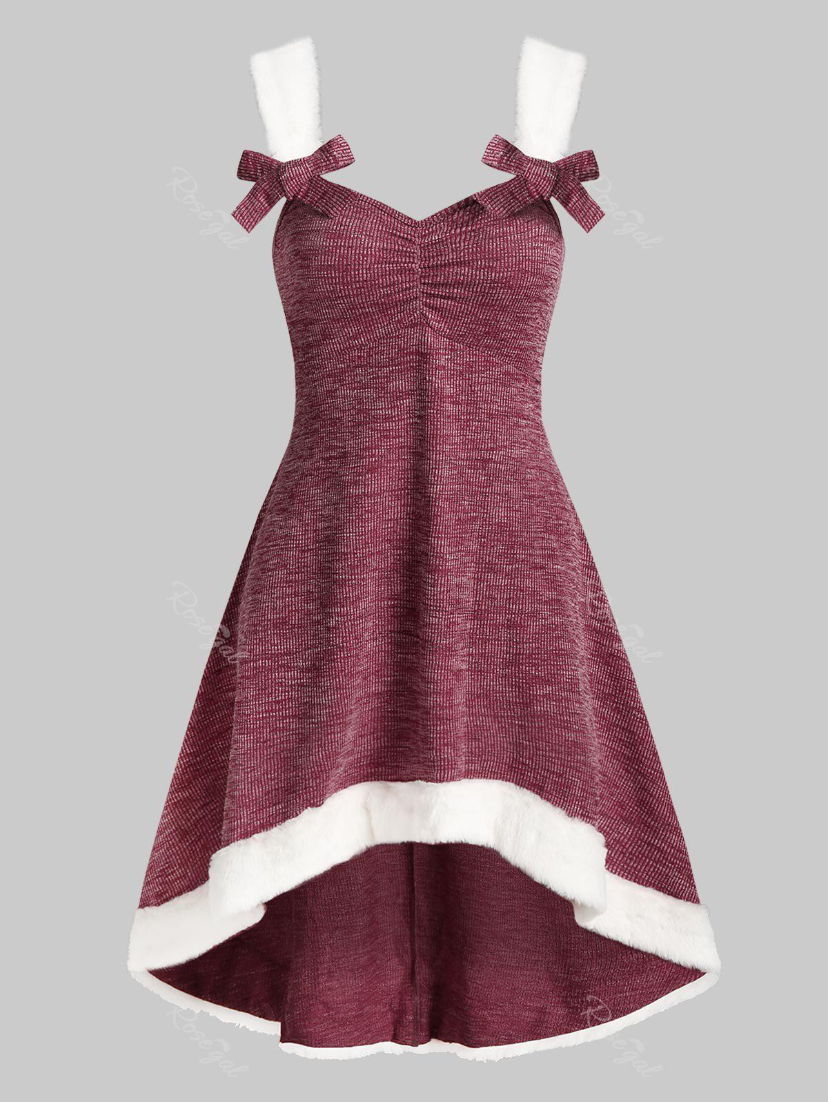 

Sleeveless Faux Fur Insert High Low Sweater Dress, Red wine