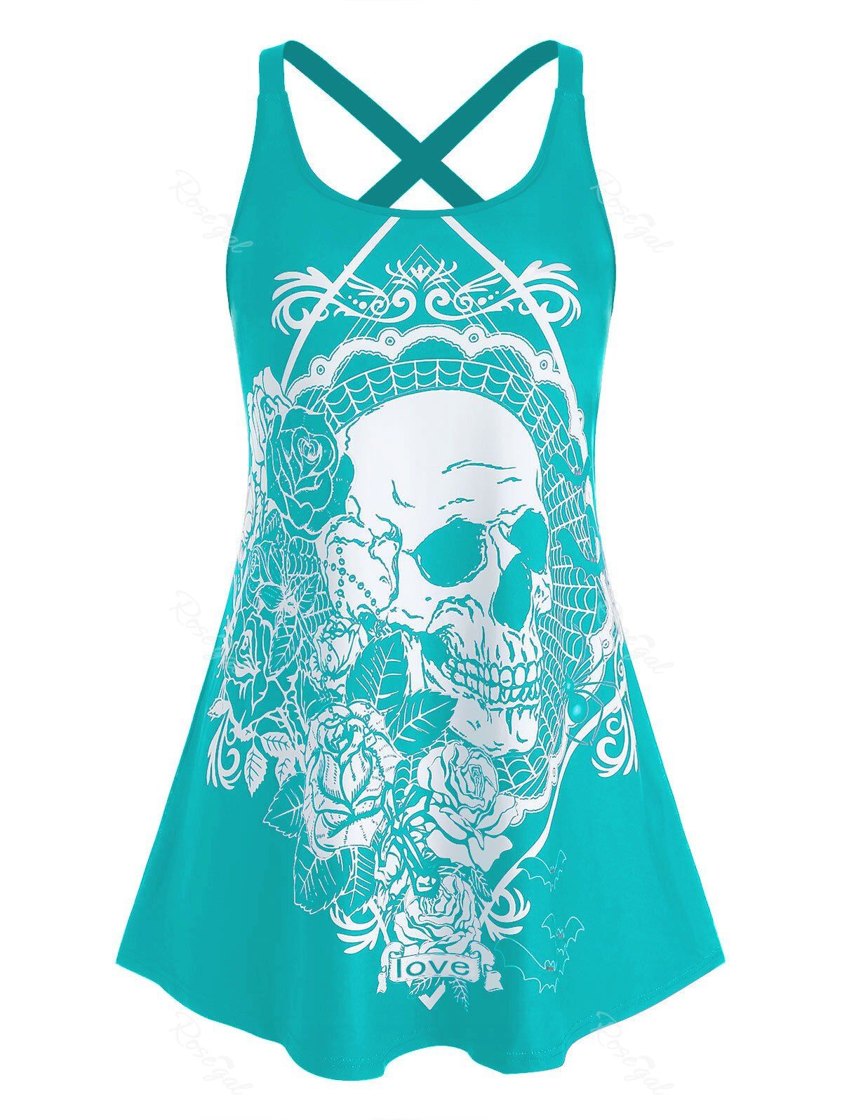 

Plus Size Crisscross Skull Print Tank Top, Blue