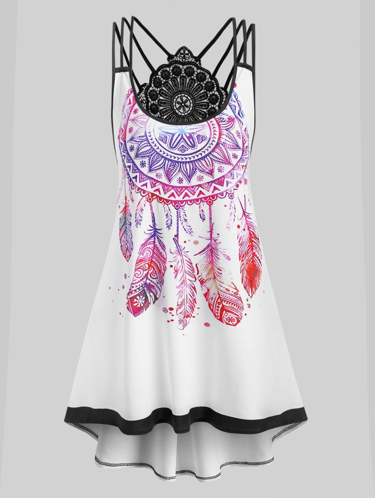 

Plus Size Strappy Dreamcatcher Print High Low Dress, White