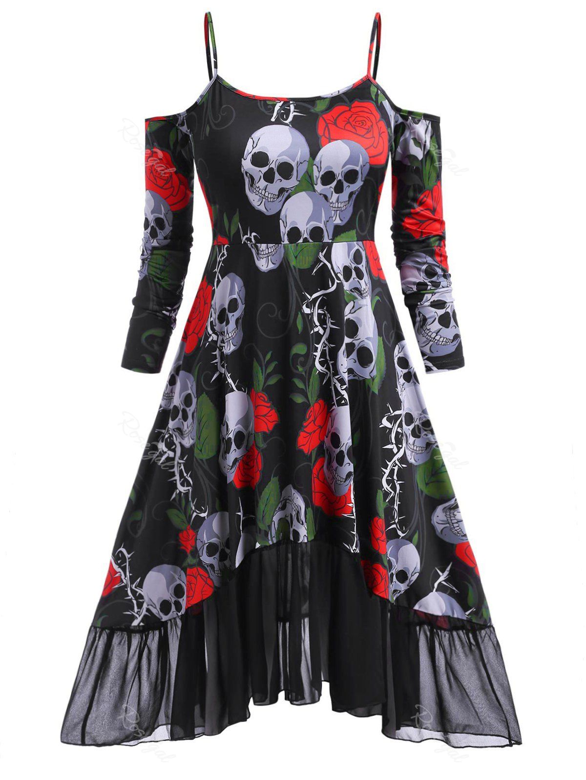 

Rose Skull Cold Shoulder High Low Halloween Plus Size Dress, Red