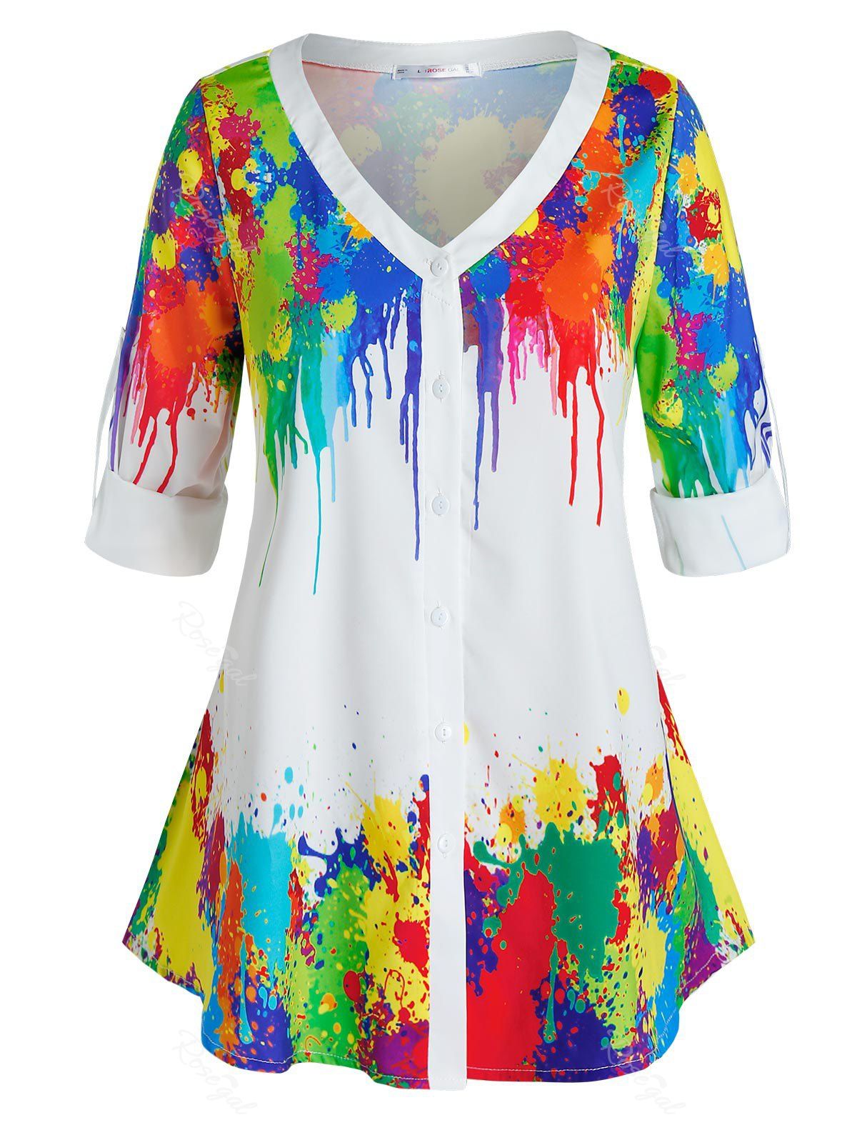 

Plus Size Colorful Splatter Paint Roll Tab Sleeve Top, Multi