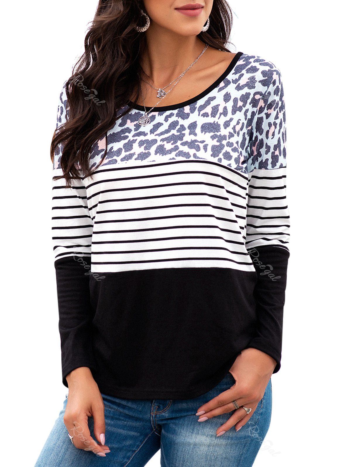 

Striped Leopard Long Sleeve T-shirt, Black