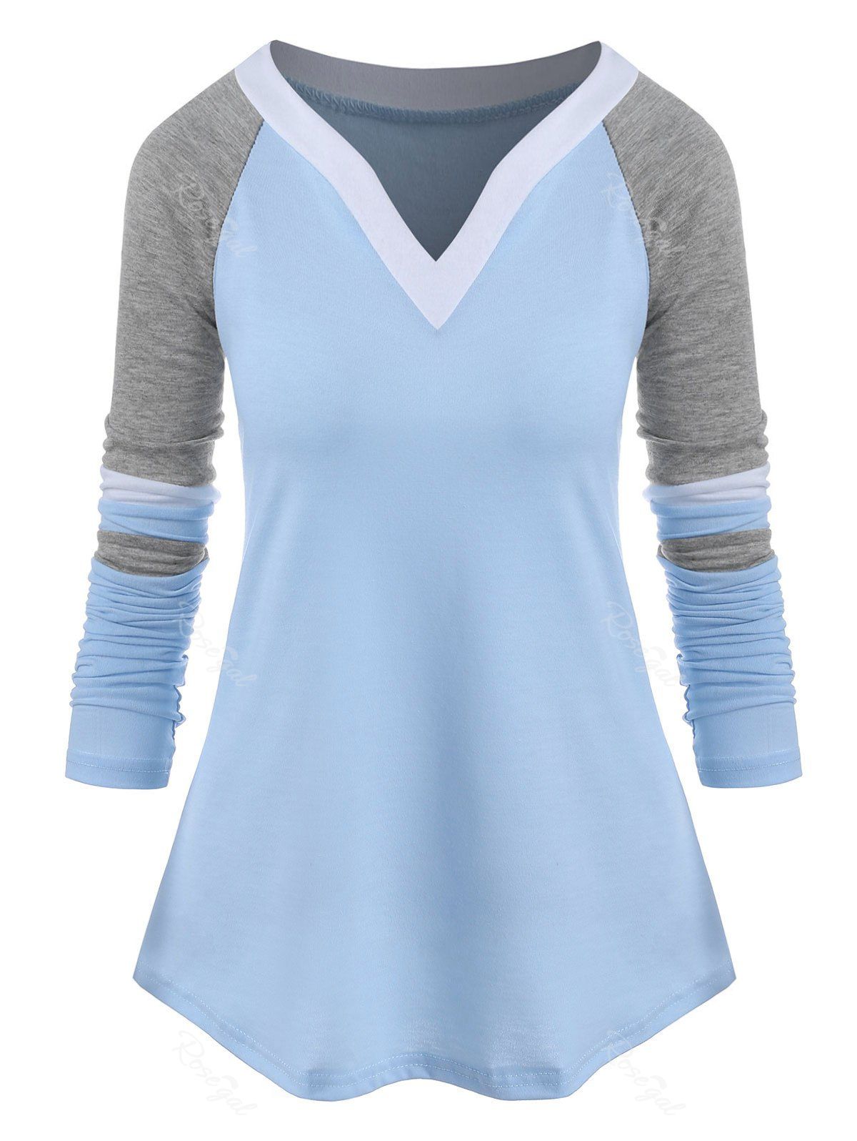 

Plus Size Raglan Sleeve Contrast Color T Shirt, Light blue