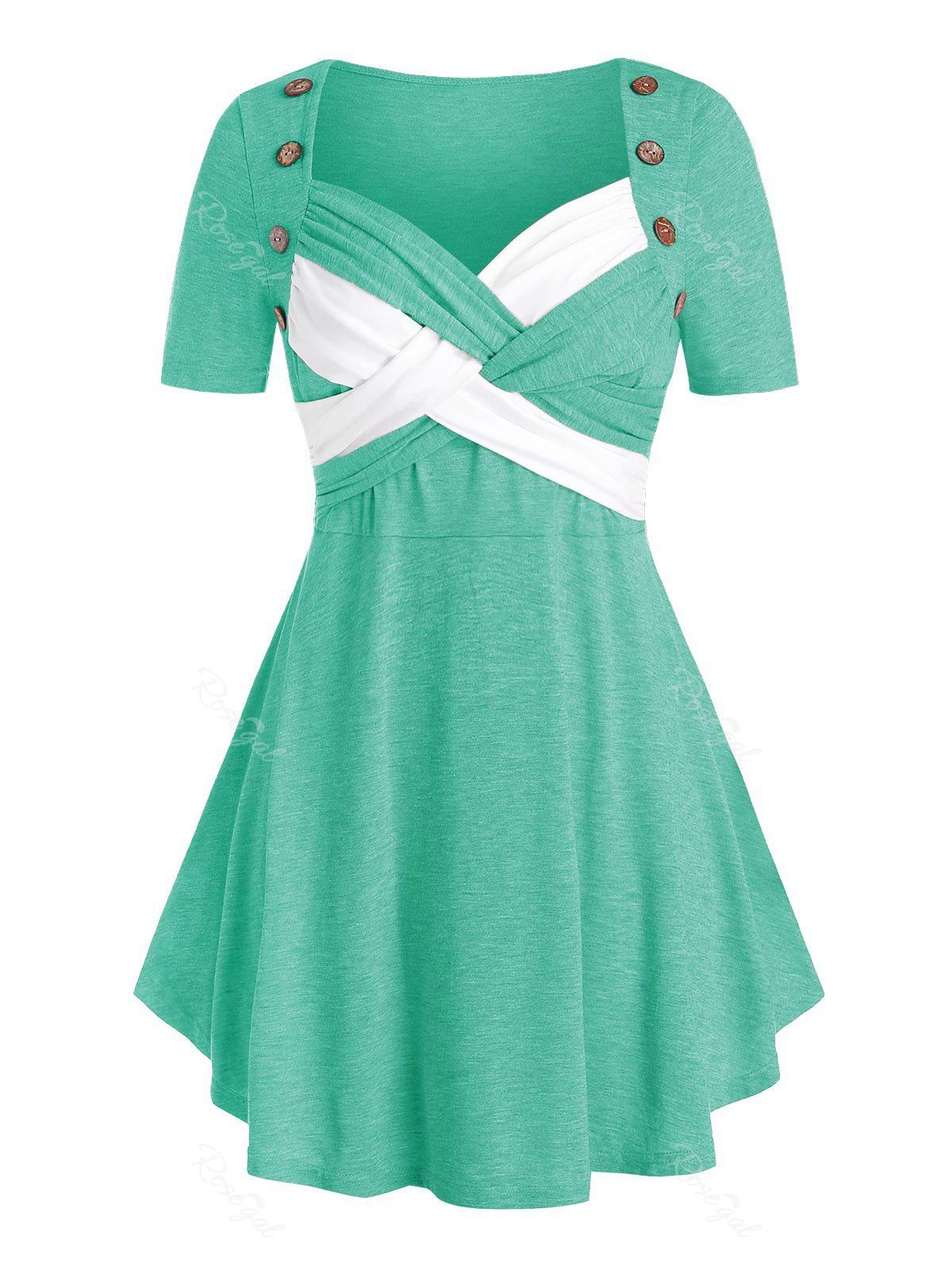 

Plus Size Crossover Sweetheart Neck Curved Tunic Tee, Light aquamarine