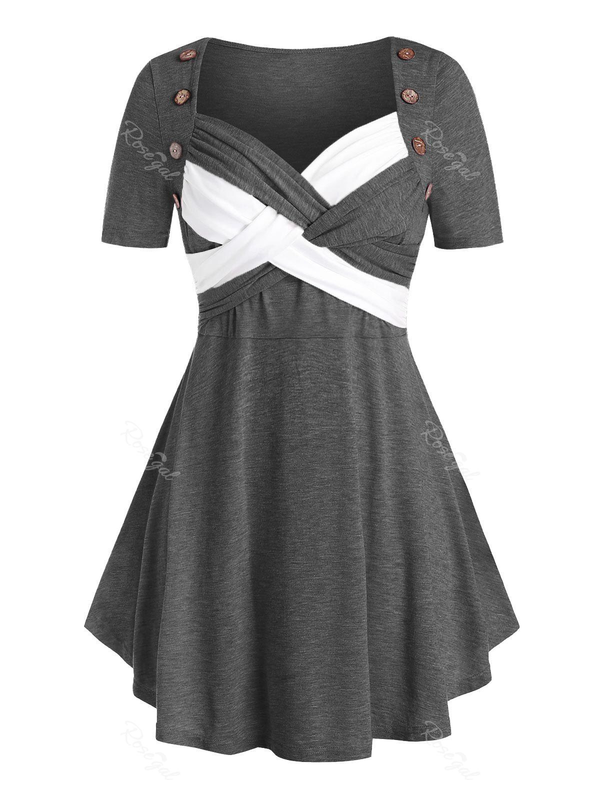 

Plus Size Crossover Sweetheart Neck Curved Tunic Tee, Ash gray