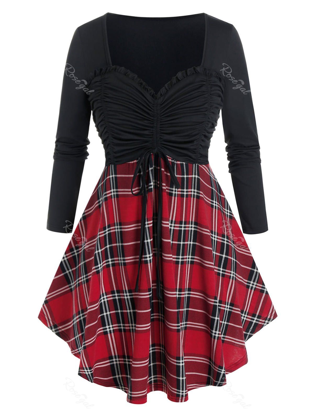 

Plus Size Plaid Ruched Cinched Tie Curved Hem Tunic Tee, Black