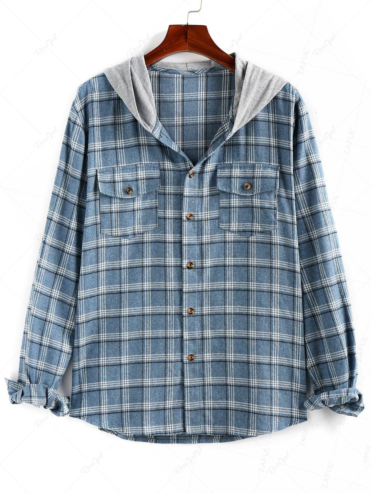 Hot Plaid Colorblock Panel Hooded Shirt  