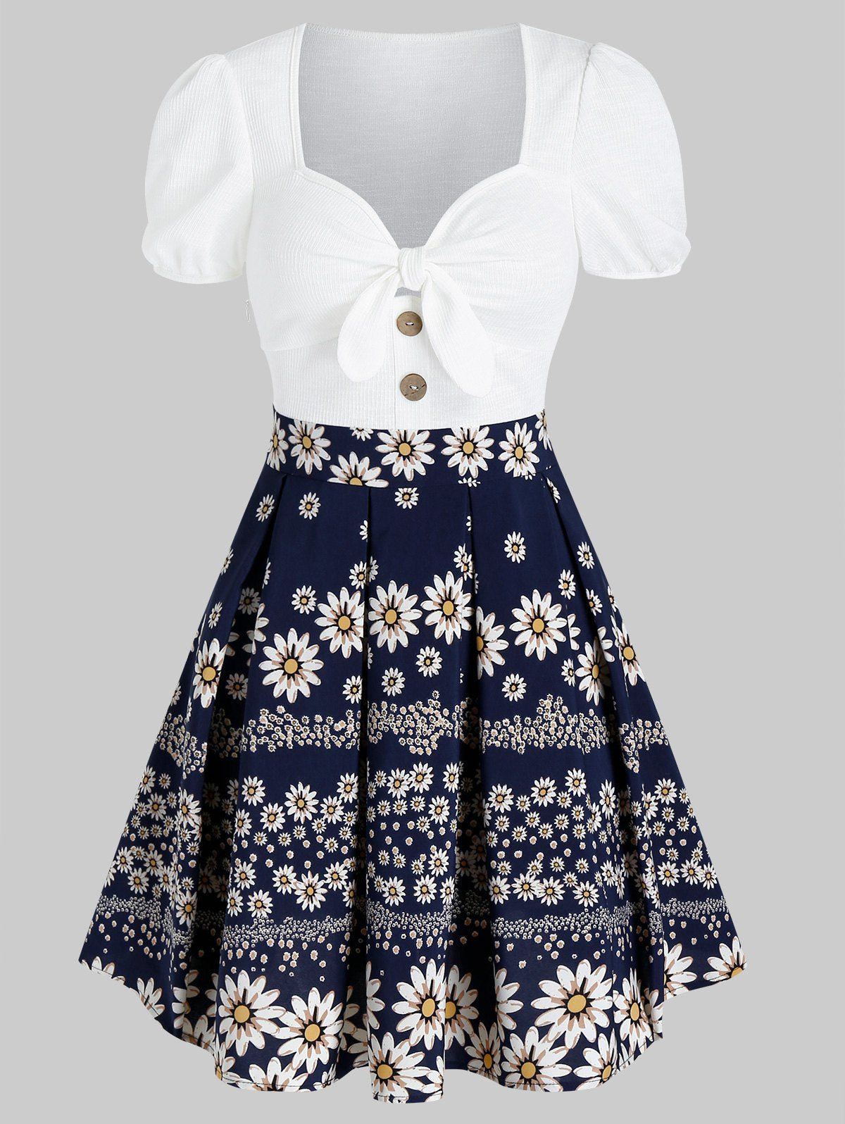 

Floral Print Knotted Mini Pleated Dress, Cadetblue