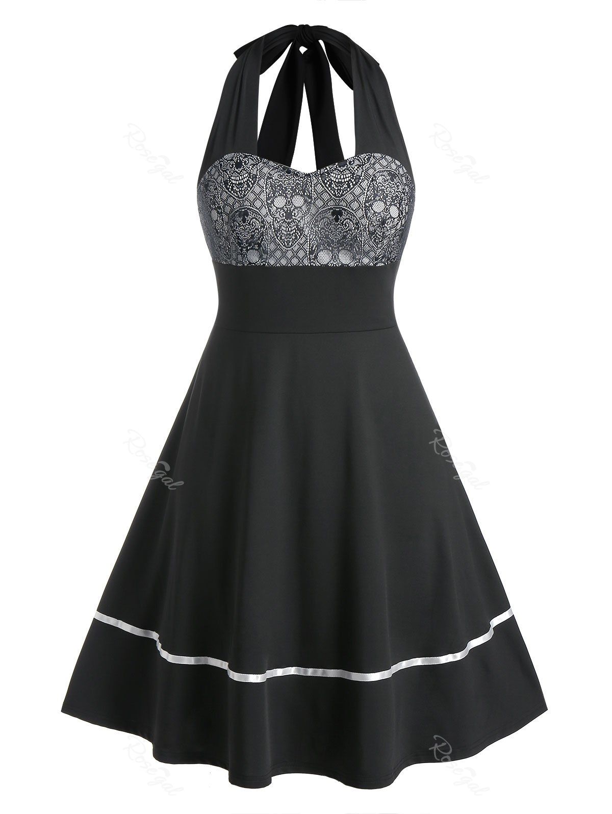 

Plus Size Lace-up Backless Halter Skull Lace Retro Dress, Black