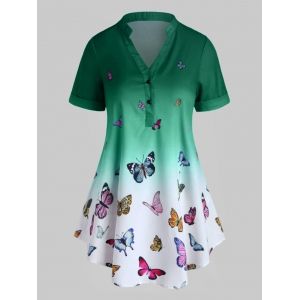

Plus Size Ombre Butterfly Print Rolled Cuff Henley Blouse, Green