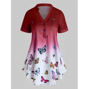 

Plus Size Ombre Butterfly Print Rolled Cuff Henley Blouse, Red