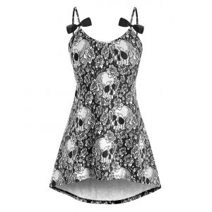 

High Low Bowknot Skull Rose Halloween Plus Size Cami Top, White