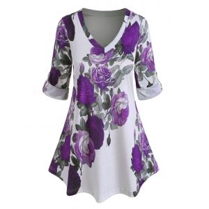 

Plus Size Roll Up Sleeve Floral Print Blouse, Purple